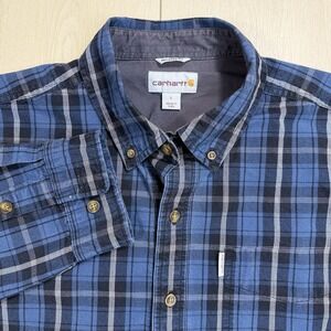 Carhartt Men's L Plaid Button Up Shirt‎ Blue Long Sleeve 100% Cotton Workwear